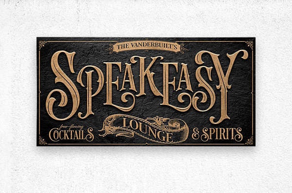 Speakeasy Decor sign with gold letters on black stone texture