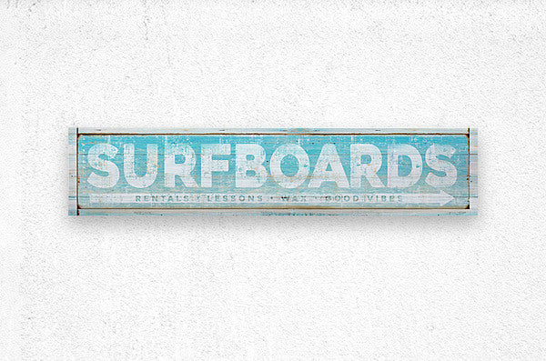 Coastal Decor - Surf Decor that is on teal wood with the words Surfboards, rental, lessons, wax. Beach house Sign