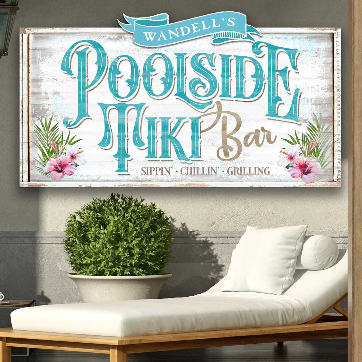 Pool and Patio Sign made of metal but looks like distressed white wood with a die-cut ribbon on top and the words: Poolside Tiki Bar with flowers.