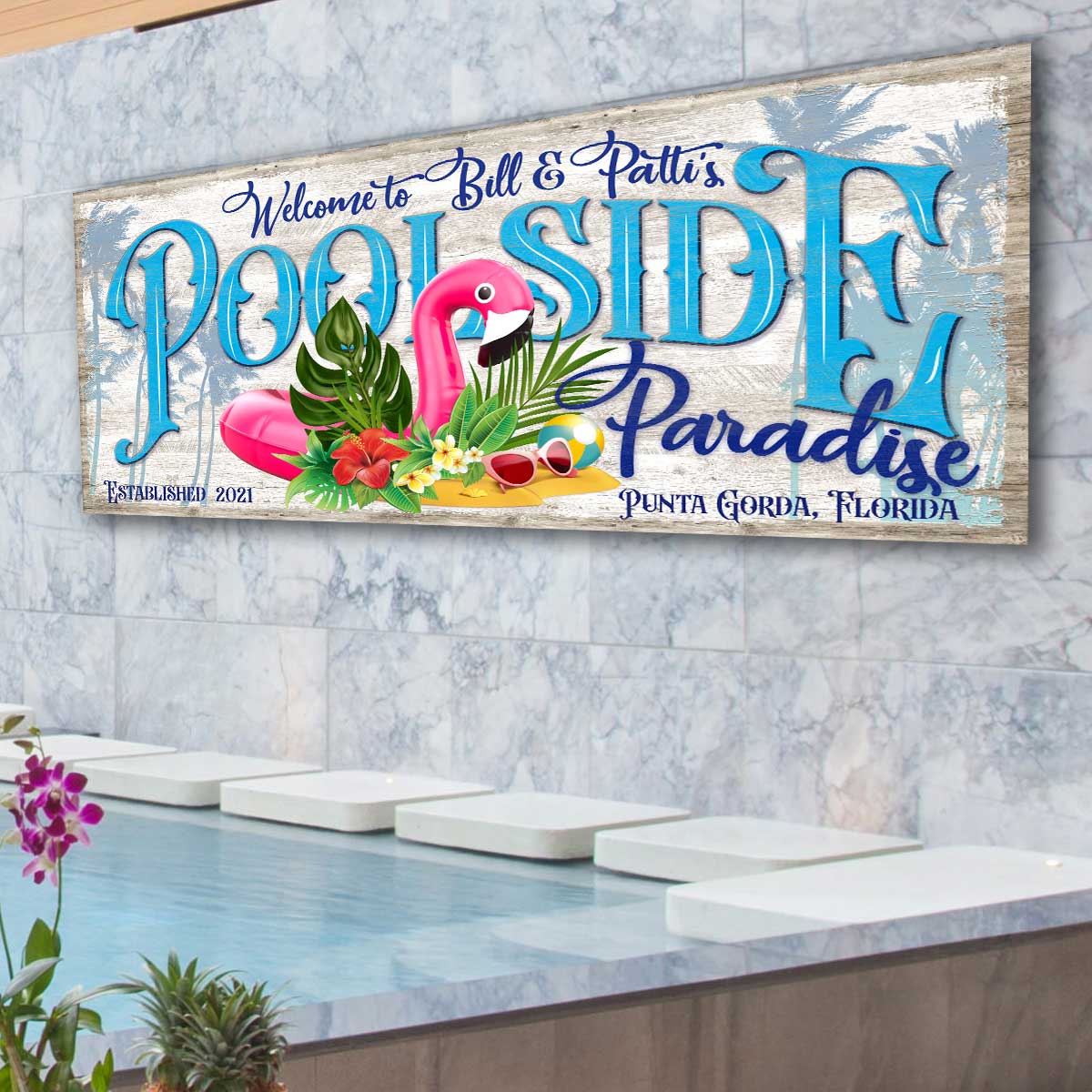 Pool Sign and Pool Decor of a weathered wood background with the words Poolside Paradise, with establish date and city, state. tropical pool and patio sign decor.