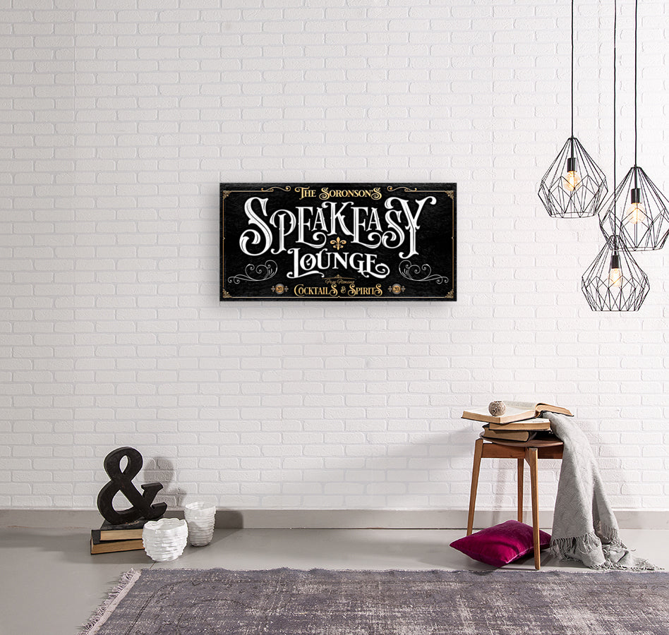 Speakeasy Lounge Bar Sign - White & Gold on a wall