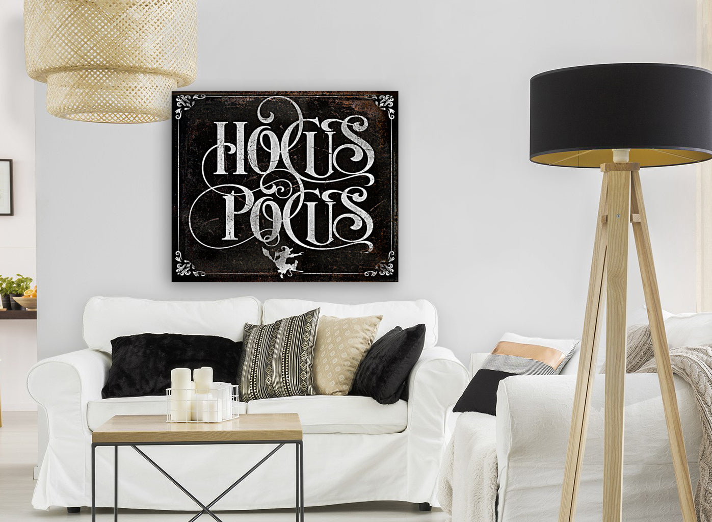 Halloween Wall decor Hocus Pocus on black distressed background with the words: Hocus Pocus in fancy lettering.
