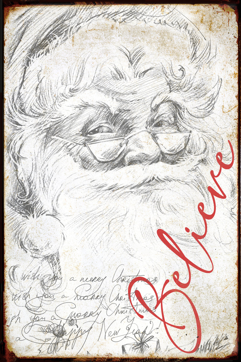 santa art Believe of Vintage Santa on rustic background with the words Believe