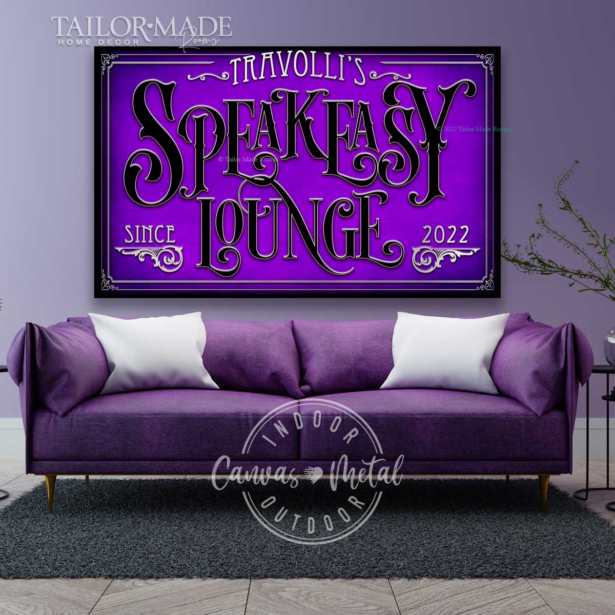 Custom Speakeasy Decor in Purple and black with the words Speakeasy Lounge [family name] with black border.