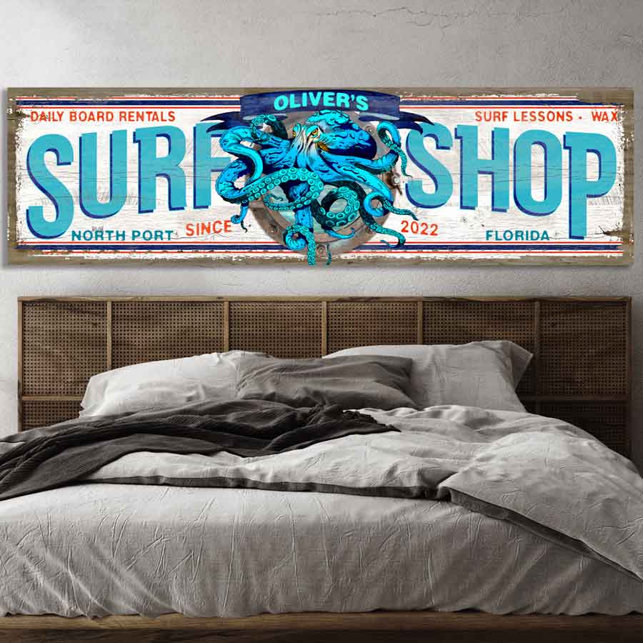 Surf Board Decor on faux wood surfboard with octopus and name and date.