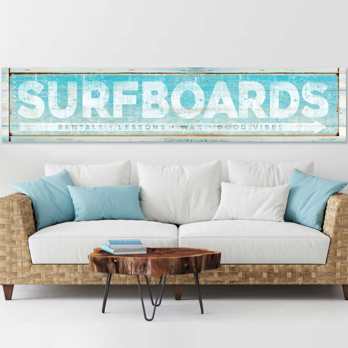 Coastal Decor - Surf Decor that is on teal wood with the words Surfboards, rental, lessons, wax. Beach house Sign