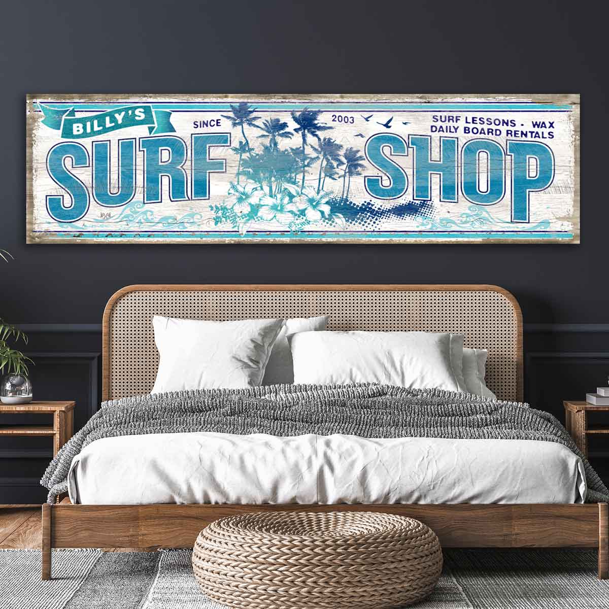 Surf Decor Surf Shop Sign with name, and date, and big words that say Surf Shop.