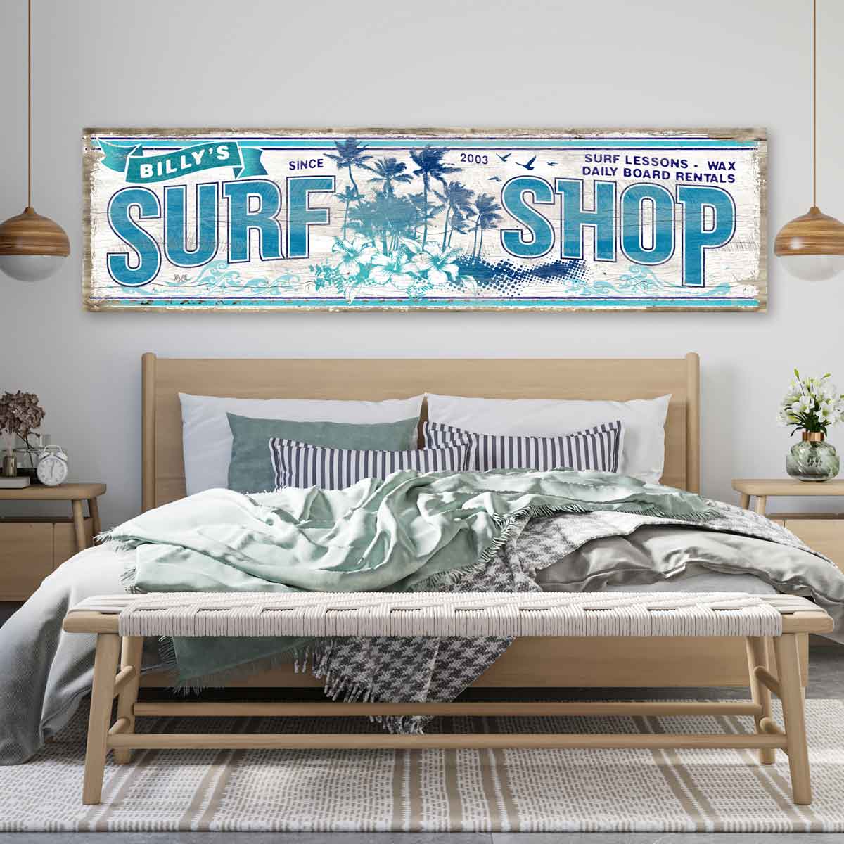 Beach House - Surf Decor Surf Shop Sign with name, and date, and big words that say Surf Shop.