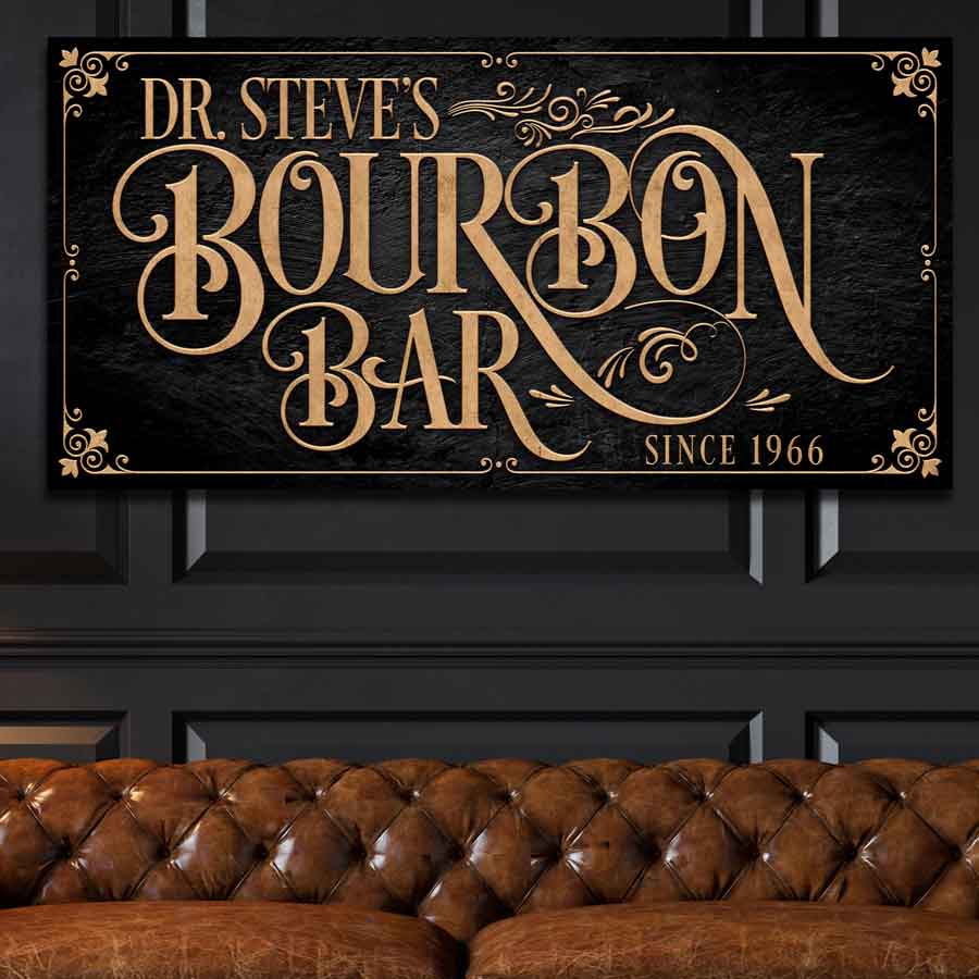 Tailor Made Rooms Bourbon Bar Sign or Whiskey Bar Sign on black stone frame with ornate border and the {family name] Bourbon Bar, year est.