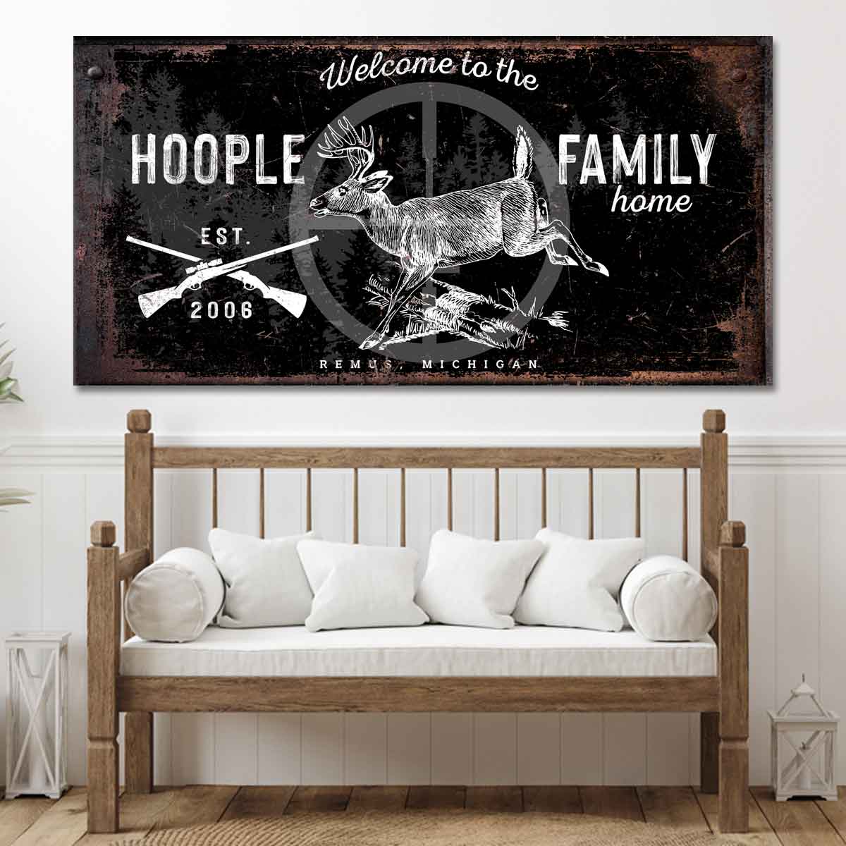 Deer Cabin Decor with buck jumping over logs and the words: Welcome to the (family) Name home ets. date and city on a black rustic frame.
