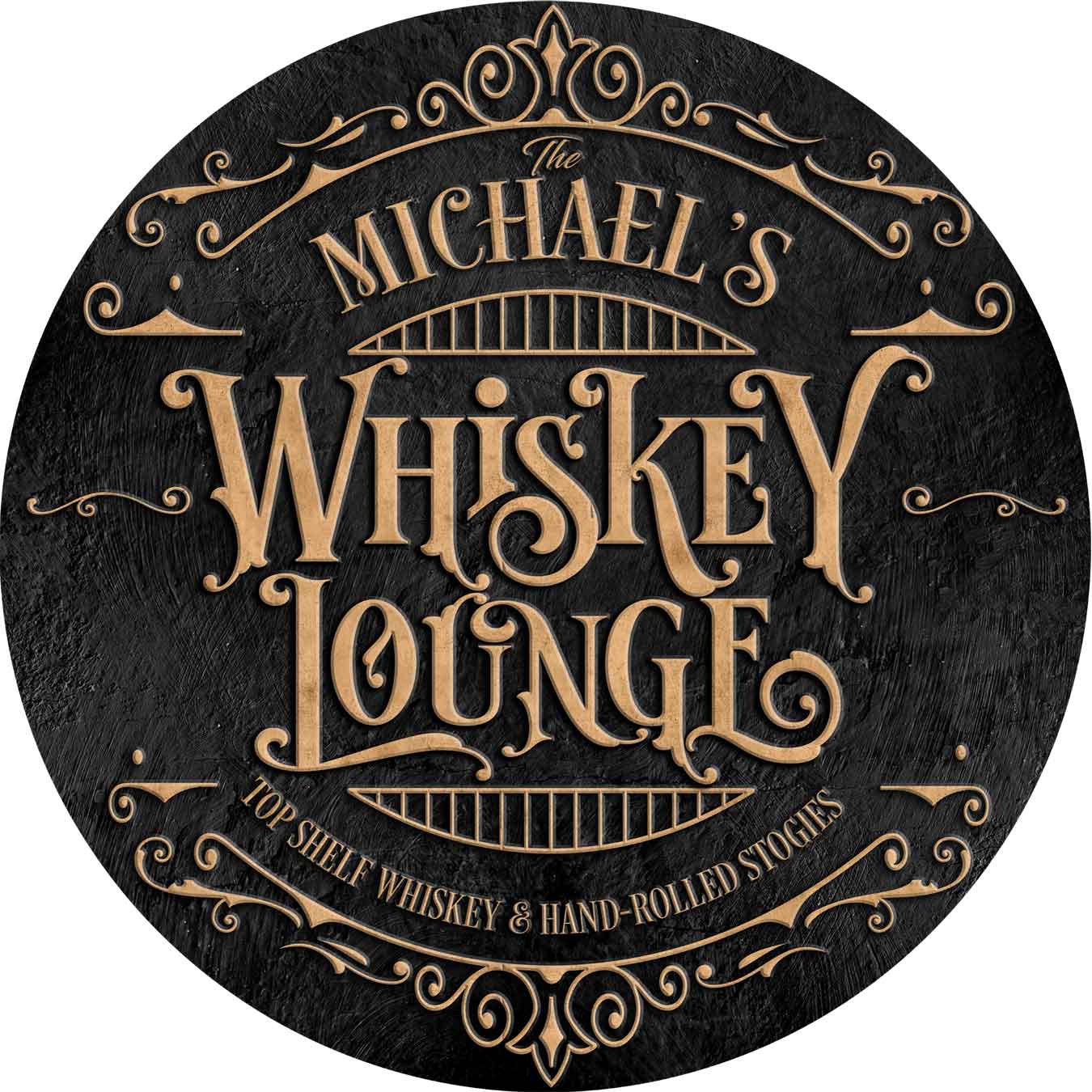 whiskey sign metal on distressed black circle background